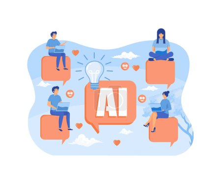 People chatting with AI chat bot and get smart solution. Artificial Intelligence robot communicate with human natural language provide smart solutions. flat vector modern illustration