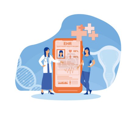 Electronic health records, EHR digital patient charts via smartphone. Female doctor reading medical, medication history, clinical data of young woman, healthcare application. flat vector modern illustration