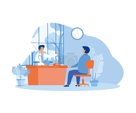 Man at the doctor's appointment. A smiling Man and male doctor sitting and talking at the table in the office. Interior of a consulting room with doctor and patient. flat vector modern illustration