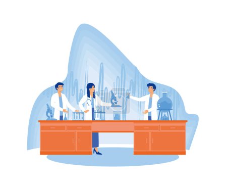 Scientific research. Scientist people wearing lab coats, science researches and chemical laboratory experiments. flat vector modern illustration