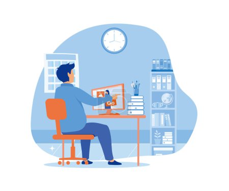 Online interview. Of a man talking to a young woman on a video call on his computer. flat vector modern illustration