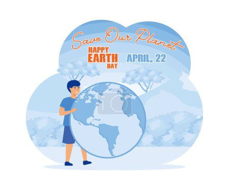 Happy Earth Day Banner. Kleiner netter Mann umarmt Planet. Hintergrund zum Weltumwelttag. Rettet die Erde. flacher Vektor moderne Illustration