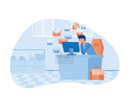 Information overload and data excess concept. Stressed person in info flood, reading multiple internet media, news and lot of online messages. flat vector modern illustration
