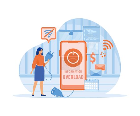 Information detox. Information overload. Tiny girl protecting themselves from flow of information and news turning off smartphone. flat vector modern illustration