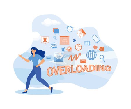Information overload concept. Young woman running away from information stream. Concept of person overwhelmed by information. flat vector modern illustration