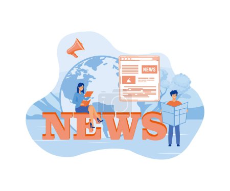 People around news sign sitting and reading newspapers. Mass media, breaking news. flat vector modern illustration