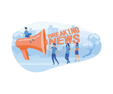 Breaking news signis heard from a large megaphone and tiny people listening to the latest news. flat vector modern illustration