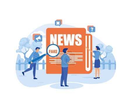 People scanning fake news published in social network and hoax information on the internet, media press. flat vector modern illustration