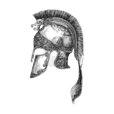 Ancient Greek warrior helmet, hand drawn illustration in vector, sketch in engraving style