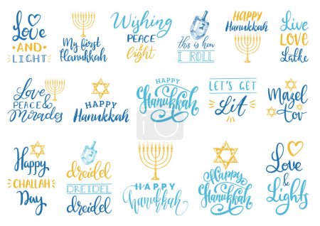 Illustration for Hanukkah vector background, set of holiday hand lettering , Menorah, Dreidel, Star Of David, drawn illustrations of Jewish symbols - Royalty Free Image