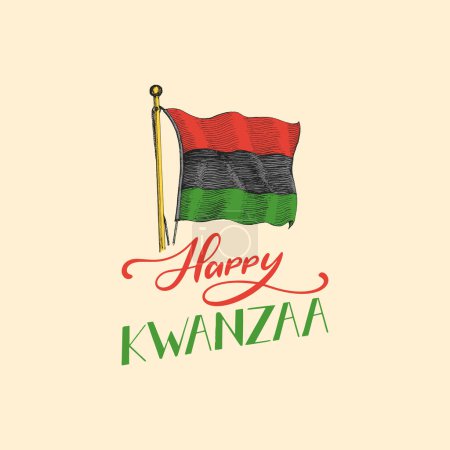 Téléchargez les illustrations : Happy Kwanzaa lettrage à la main, drapeau panafricain, illustration dessinée, fond vectoriel de vacances - en licence libre de droit