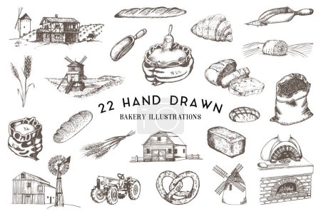 Bakery, bread production, hand drawn illustrations in vector, rural life and farm environment in engraving style, sketches collection