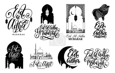 Festliche Plakate zum Eid al-Adha Mubarak, Kalligraphie ins Englische übersetzt als Opferfest, handgezeichnete muslimische Feiertagssymbole wie Moschee, Schaf, Laterne