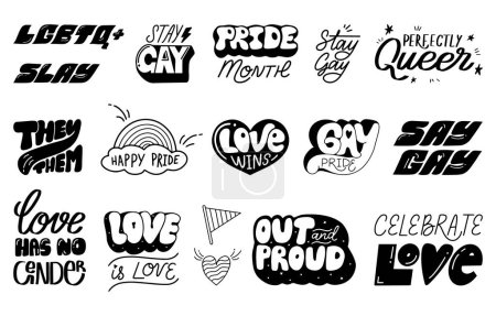 Illustration for LGBT community hand lettering set, collection of handwritten inspirational gay pride slogans and love symbols in vector - Royalty Free Image