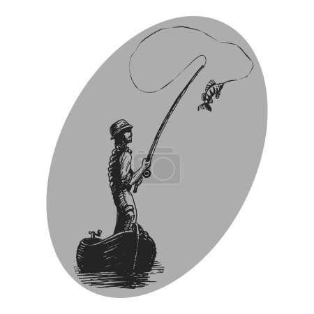 Foto de Pescador en barco con caña y pescado capturado, ilustración dibujada a mano en vector, concepto para el logotipo - Imagen libre de derechos