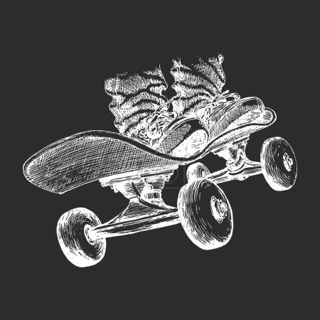 Foto de Patas en monopatín, boceto dibujado a mano sobre fondo negro, ilustración vintage en vector - Imagen libre de derechos