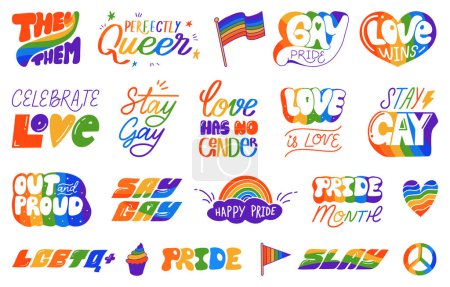 Foto de Comunidad LGBTQ juego de letras a mano de color, colección de lemas de orgullo gay inspiradores escritos a mano y símbolos de amor en vector - Imagen libre de derechos