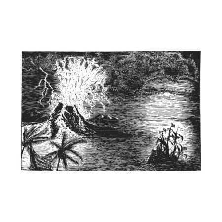 Foto de Vista marina con velero y erupción volcánica, ilustración gráfica dibujada a mano en estilo grabado, paisaje marino vintage Flauta holandesa en vector - Imagen libre de derechos
