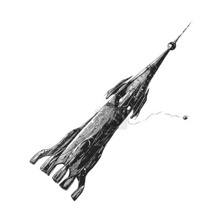 Foto de Nave espacial con lanzadera, ilustración dibujada a mano en vector, boceto de nave espacial en estilo futurista retro - Imagen libre de derechos