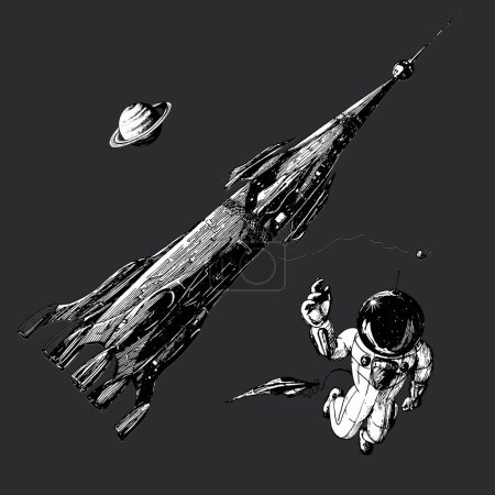 Foto de Astronauta y nave espacial en el fondo del planeta Saturno, ilustración vectorial dibujada a mano, exploración del sistema solar, póster de ciencia inspiracional, boceto en estilo futurista retro - Imagen libre de derechos