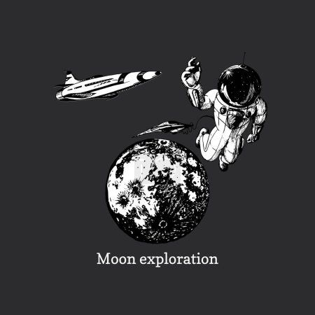 Foto de Luna explorando, cartel en estilo futurista retro, astronauta y transbordador espacial sobre fondo lunar, ilustración dibujada a mano en vector - Imagen libre de derechos