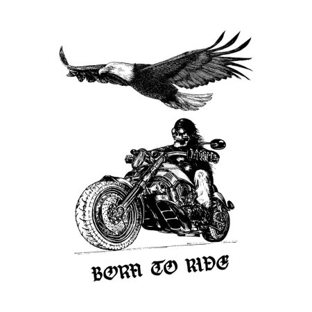 Foto de Born To Ride, frase manuscrita, motorista esqueleto y águila, ilustración dibujada a mano en vector, cartel vintage - Imagen libre de derechos