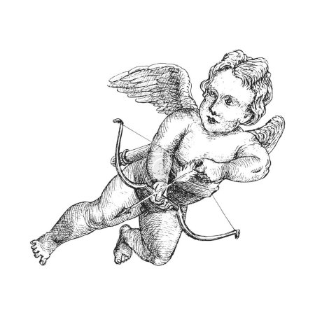 Foto de Cupido con arco, dibujado a mano en estilo grabado, Amur, ilustración retro gráfica vectorial - Imagen libre de derechos
