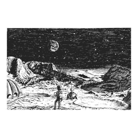 Ilustración de Vista de base lunar, póster de ciencia inspiracional, boceto en estilo futurista retro, cosmonauta y nave espacial en la superficie lunar, ilustración dibujada a mano vintage en vector - Imagen libre de derechos