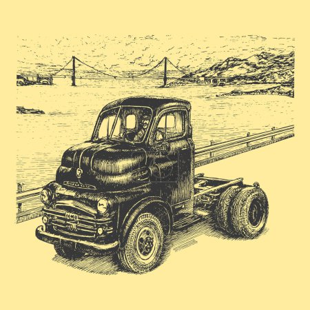 Foto de Vista marina con camión, ilustración vintage en vector, dibujo en estilo retro - Imagen libre de derechos