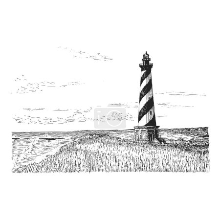 Foto de Vista del faro, ilustración dibujada a mano en vector, paisaje marino vintage en estilo de grabado - Imagen libre de derechos