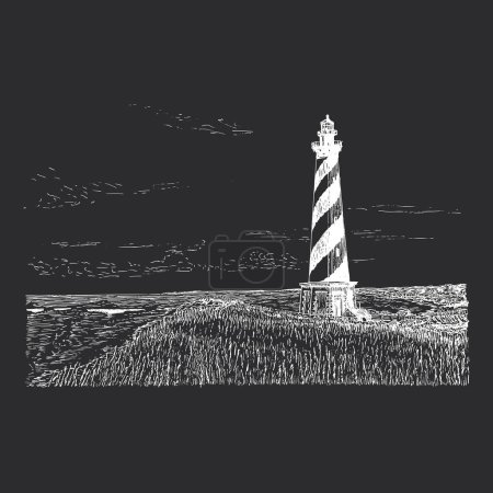 Foto de Vista nocturna del faro, ilustración dibujada a mano en vector, paisaje marino vintage en estilo de grabado - Imagen libre de derechos