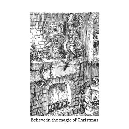 Foto de Interior de Navidad con Gnomo, ilustración dibujada a mano en vector, fondo de año nuevo para cartel, tarjeta - Imagen libre de derechos