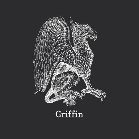 Téléchargez les illustrations : Griffin, illustration vectorielle en style gravure, croquis dessiné de la créature mystique Gryphon - en licence libre de droit