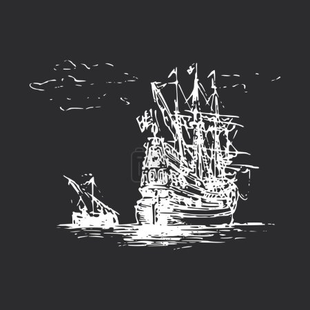 Téléchargez les illustrations : Vue sur la mer avec vieux voilier et bateau, illustration à l'encre, paysage marin avec fluyt hollandais, croquis à la main - en licence libre de droit