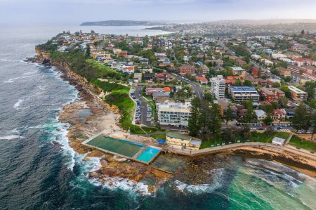 Photo for Panoramic drone aerial view over Dee Why rock pool, Northern Beaches Sydney NSW Australia - Royalty Free Image