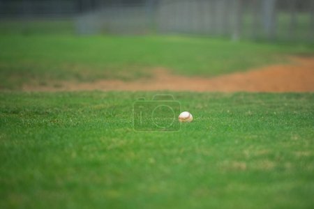 Foto de Juego de béisbol, pelota de béisbol situada en la hierba en el diamante cerca del montículo del lanzador durante el juego de béisbol. - Imagen libre de derechos