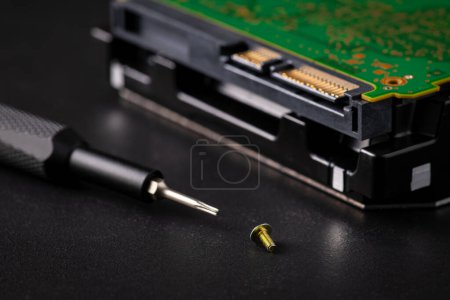 Festplatte und Leiterplatte mit SATA-Stromanschluss. Magnettreiber Torx-Bit und kleine Maschinenschraube auf dunklem Hintergrund.