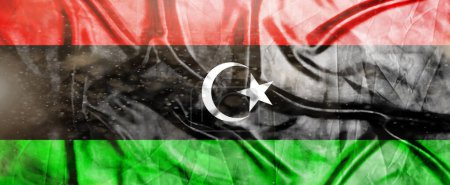 Libyen Flagge, Realistisch schwenkende Stofffahne, Flaggenhintergrund Textur, 3D Illustration.