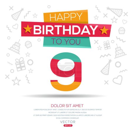 Téléchargez les illustrations : Joyeux anniversaire Texte (9 ans) Carte de vœux colorée, Illustration vectorielle. - en licence libre de droit