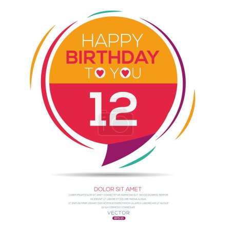Téléchargez les illustrations : Joyeux anniversaire Texte (12 ans) Carte de vœux colorée, Illustration vectorielle. - en licence libre de droit