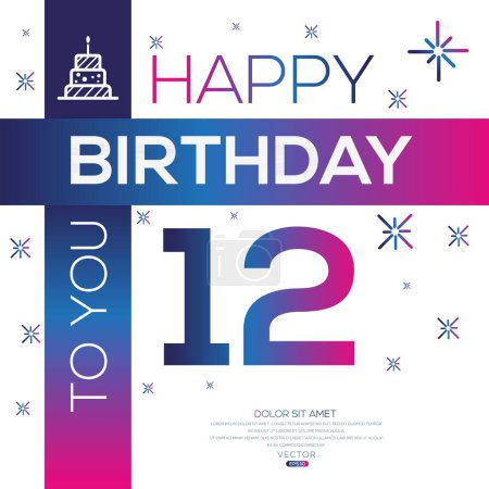 Téléchargez les illustrations : Joyeux anniversaire Texte (12 ans) Carte de vœux colorée, Illustration vectorielle. - en licence libre de droit