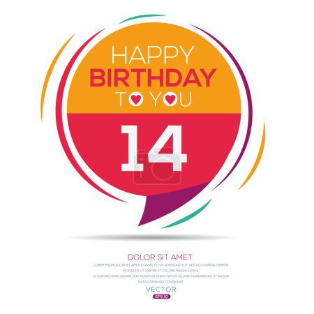 Téléchargez les illustrations : Joyeux anniversaire Texte (14 ans) Carte de vœux colorée, Illustration vectorielle. - en licence libre de droit