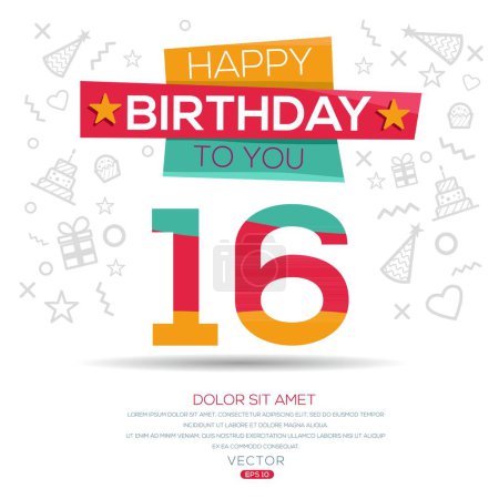 Téléchargez les illustrations : Joyeux anniversaire Texte (16 ans) Carte de vœux colorée, Illustration vectorielle. - en licence libre de droit