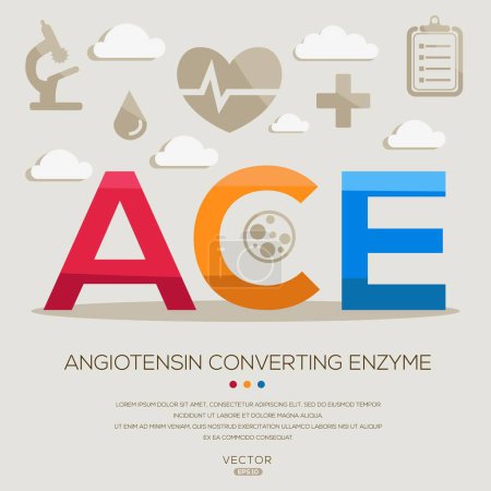 ACE _ Angiotensina enzima convertidora, letras e iconos, e ilustración vectorial.
