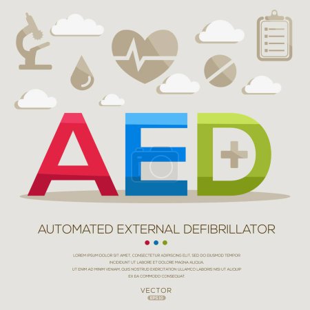AED _ Automated external defibrillator, letters and icons, and vector illustration.