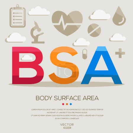 Ilustración de BSA _ Superficie corporal, letras e iconos e ilustración vectorial. - Imagen libre de derechos