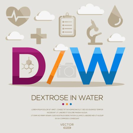 Ilustración de DW _ Dextrosa en agua, letras e iconos, e ilustración vectorial. - Imagen libre de derechos