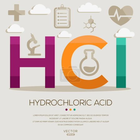 HCI _ Hydrochloric acid, letters and icons, and vector illustration.