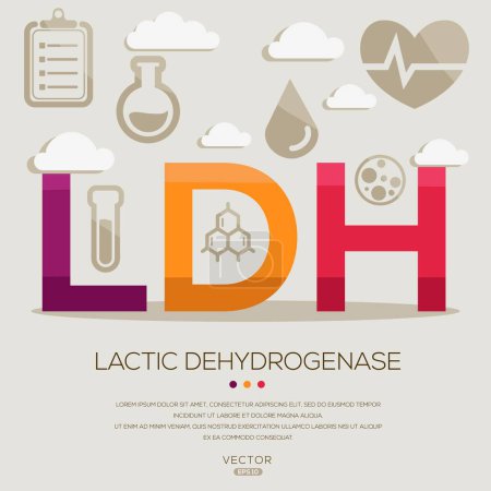 LDH _ lactic déshydrogénase, lettres et icônes, illustration vectorielle.