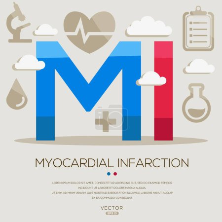 MI _ Infarto de miocardio, letras e iconos, e ilustración vectorial.